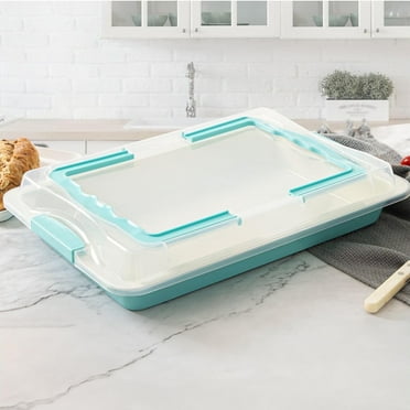 VINAUO 17 x 12 in Cake Pan with Lid, Cake Carrier with Lid and Handle, Large Rrectangle Baking Pan With Non-Stick Ceramic-Coating