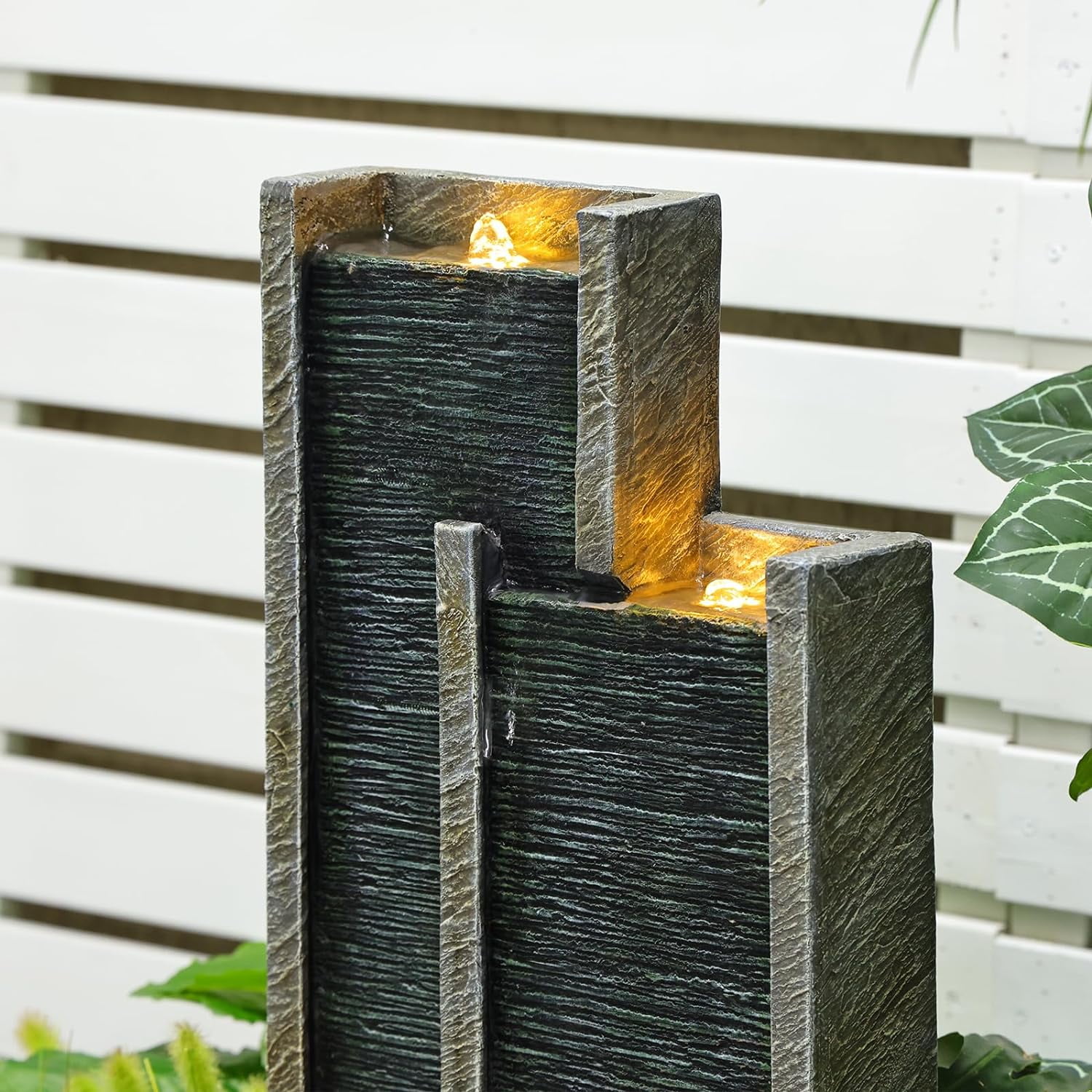 Water Fountain Outdoor Garden- 35.43 Inches Square Outdoor Water Fountains Indoor with Led Lights Floor Standing Waterfall Fountain for Backyard and Garden Small Porch Home,Deck