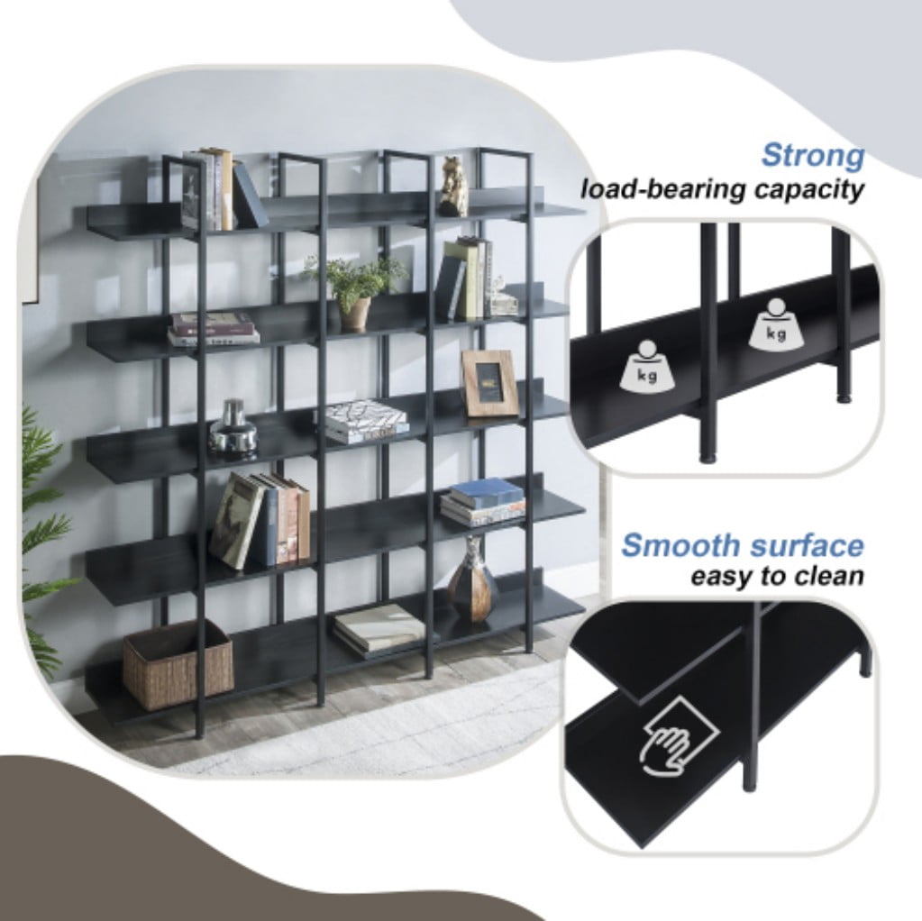 5-Tier Industrial Bookcase, Vintage Open Bookshelf with Metal Frame & MDF Shelves, 80 Lbs Per Shelf, Freestanding Display Storage Rack for Living Room & Home Office, Black