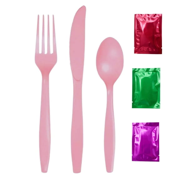Light Pink Disposable Cutlery, (Set of 96) Complete Dining Set BPA Free Heavy Duty Plastic Spoon Fork Knife Party Utensils Weddings Family Home Picnics Food Events w/ Bonus Snoep in Beperkte Oplage