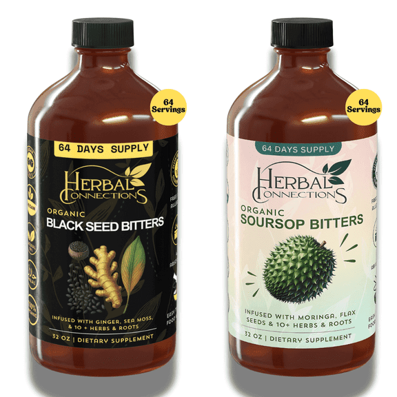 Black Seed & Soursop Bitters Bundle – 32 oz Each (64-Day Supply) By Herbal Connections -Vegan Organic Herbal Tonic for Overall Wellness – No Sugar, Made in USA
