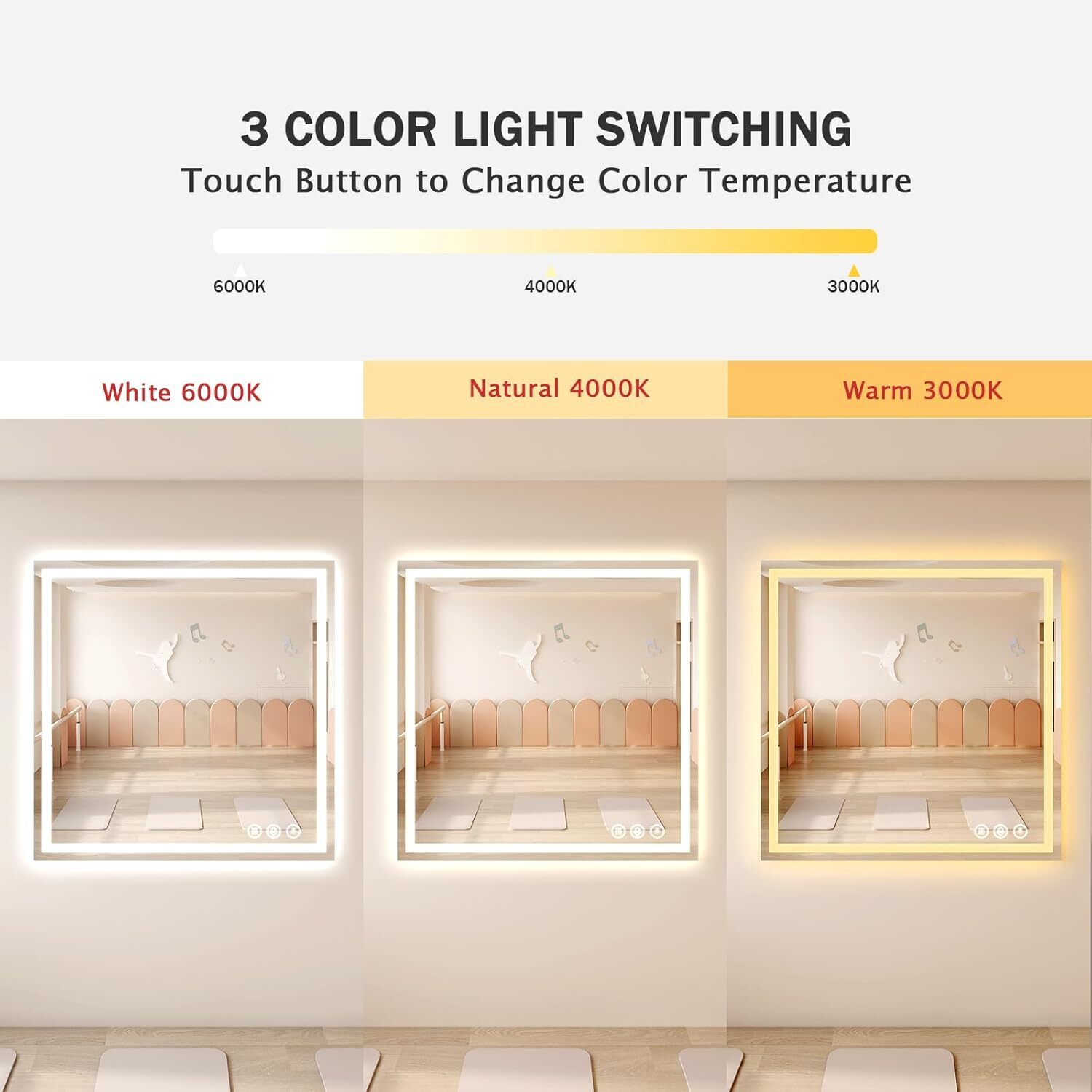 BEAUTYPEAK 47"x 47" LED Bathroom Mirror with Lights for Wall 3 Colors Anti-Fog Vanity Mirror