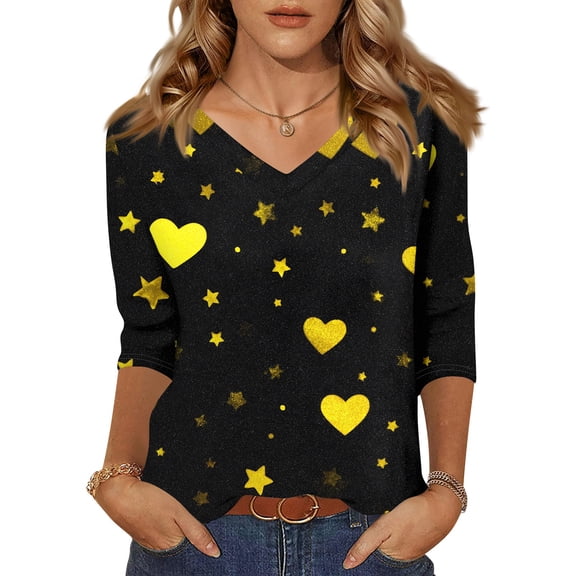 KDDYLITQ Valentine Shirts for Women 3/4 Sleeve V Neck Tops Love Heart Graphic Cute Tunic Tops Funny Gift T-Shirts Gold 2XL