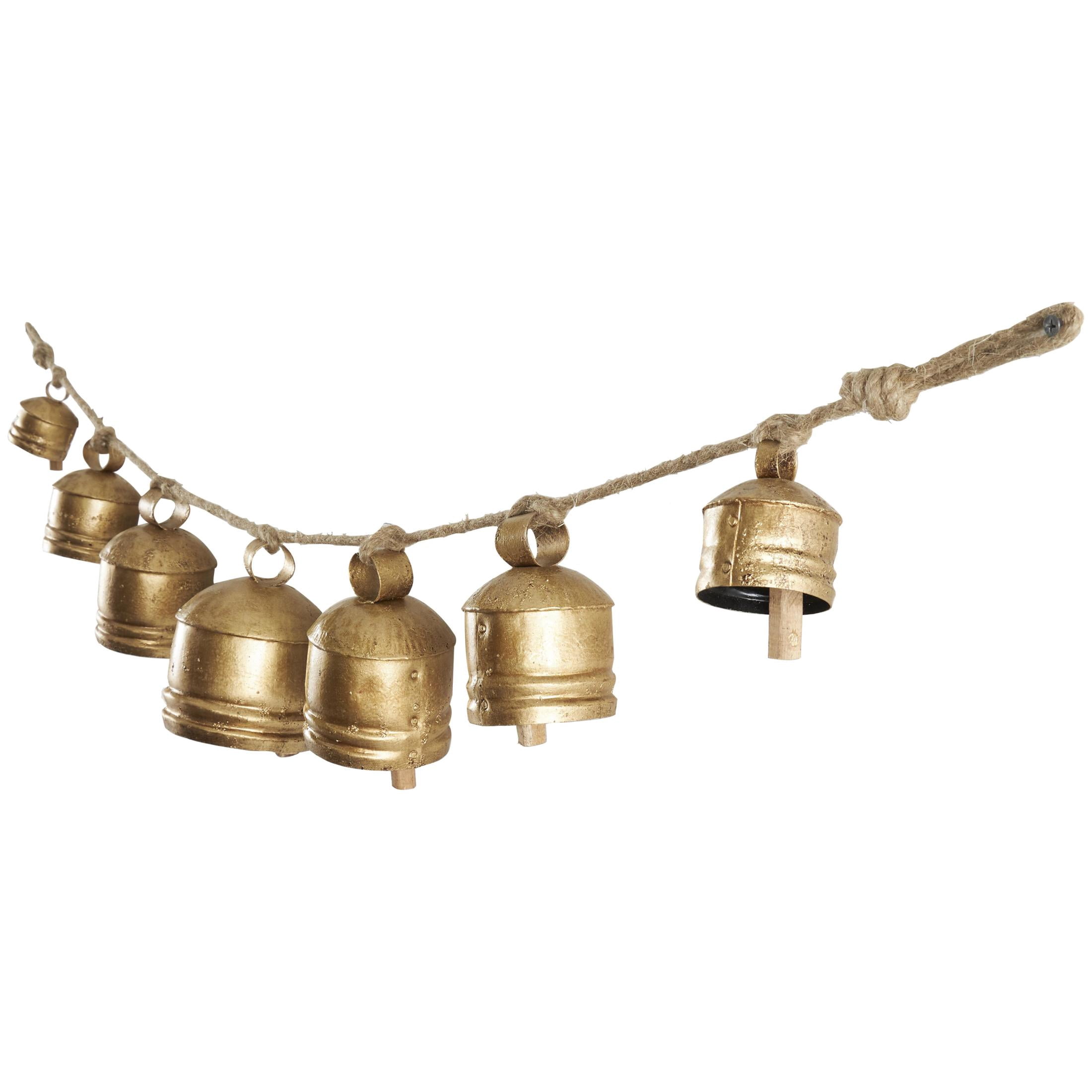 DecMode Tibetan Inspired Gold Metal Cylindrical Decorative Cow Bells with 7 Bells on Jute Hanging Rope