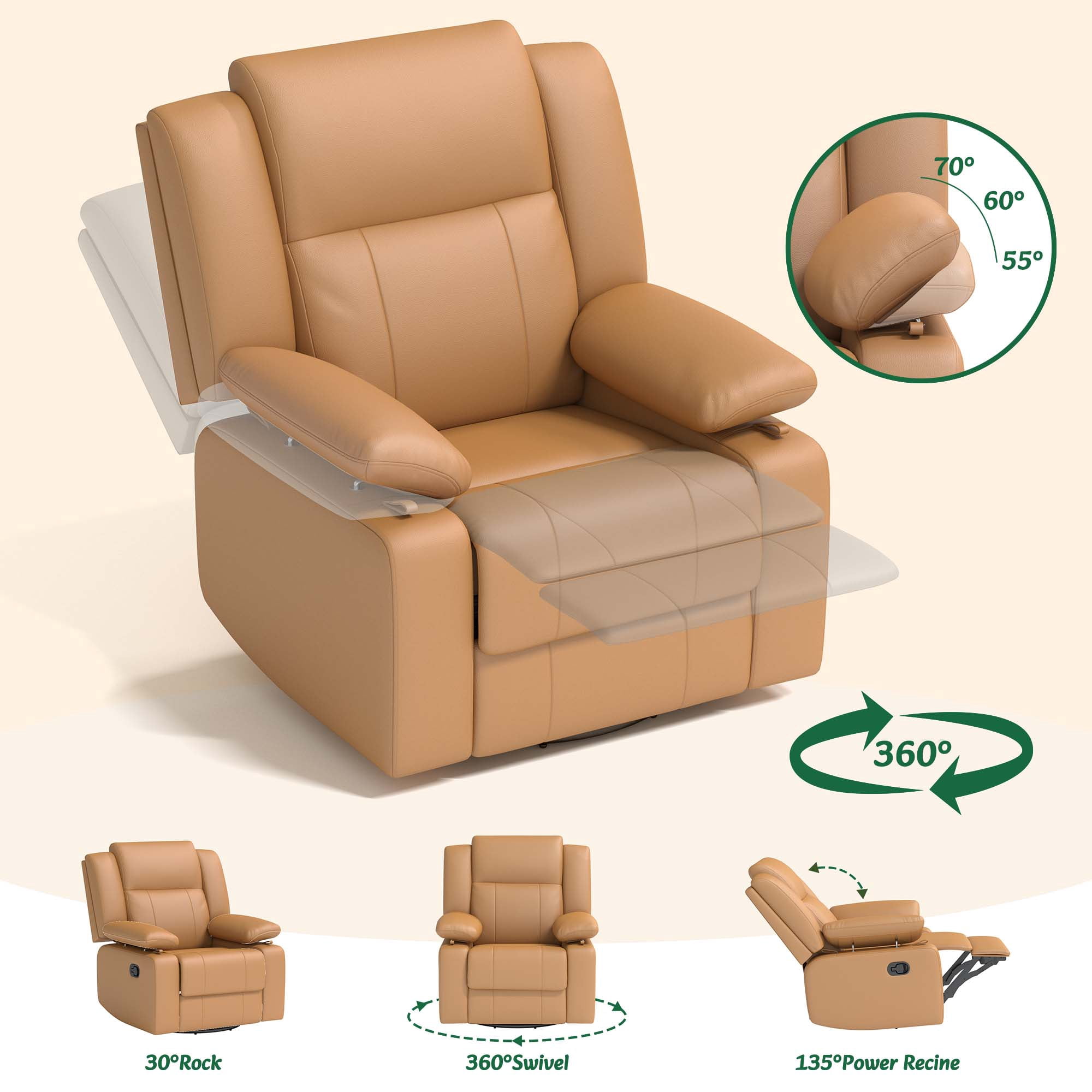 LAZZO Recliner Chair with Adjustable Armrest and Headrest, Upholstered Swivel Rocking Chair for Nursery & Living Room, Brown