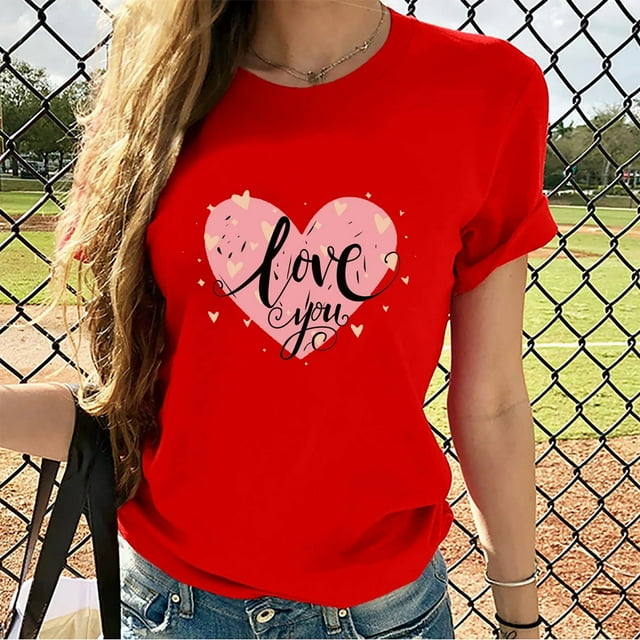 TIMIFIS T-Shirts à Manches Courtes de la Saint-Valentin pour Femmes Mode Décontractée Col Rond T-Shirt Imprimé Cœur d'Amour T-Shirt d'Été Ample Col Rond T-Shirts