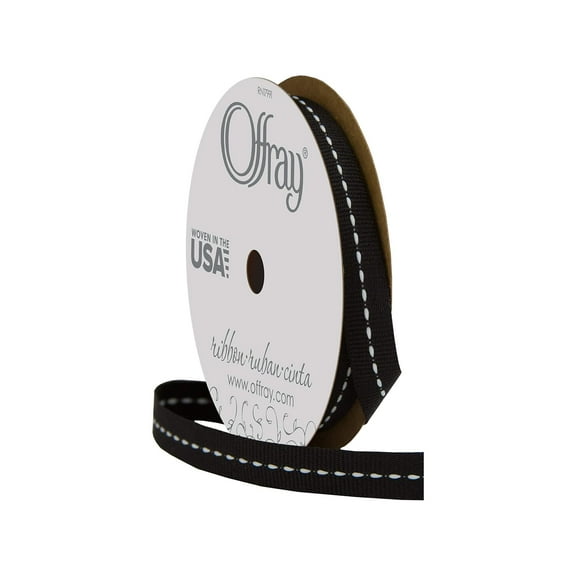 Offray Ribbon, Black 3/8 inch Center Stitch Grosgrain Ribbon, 12 feet