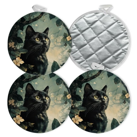 

4 PCS Pot Holders for Kitchen Potholders Sets with Hook for Oven Cooking Baking Black Cat Peering Through Floral Frame