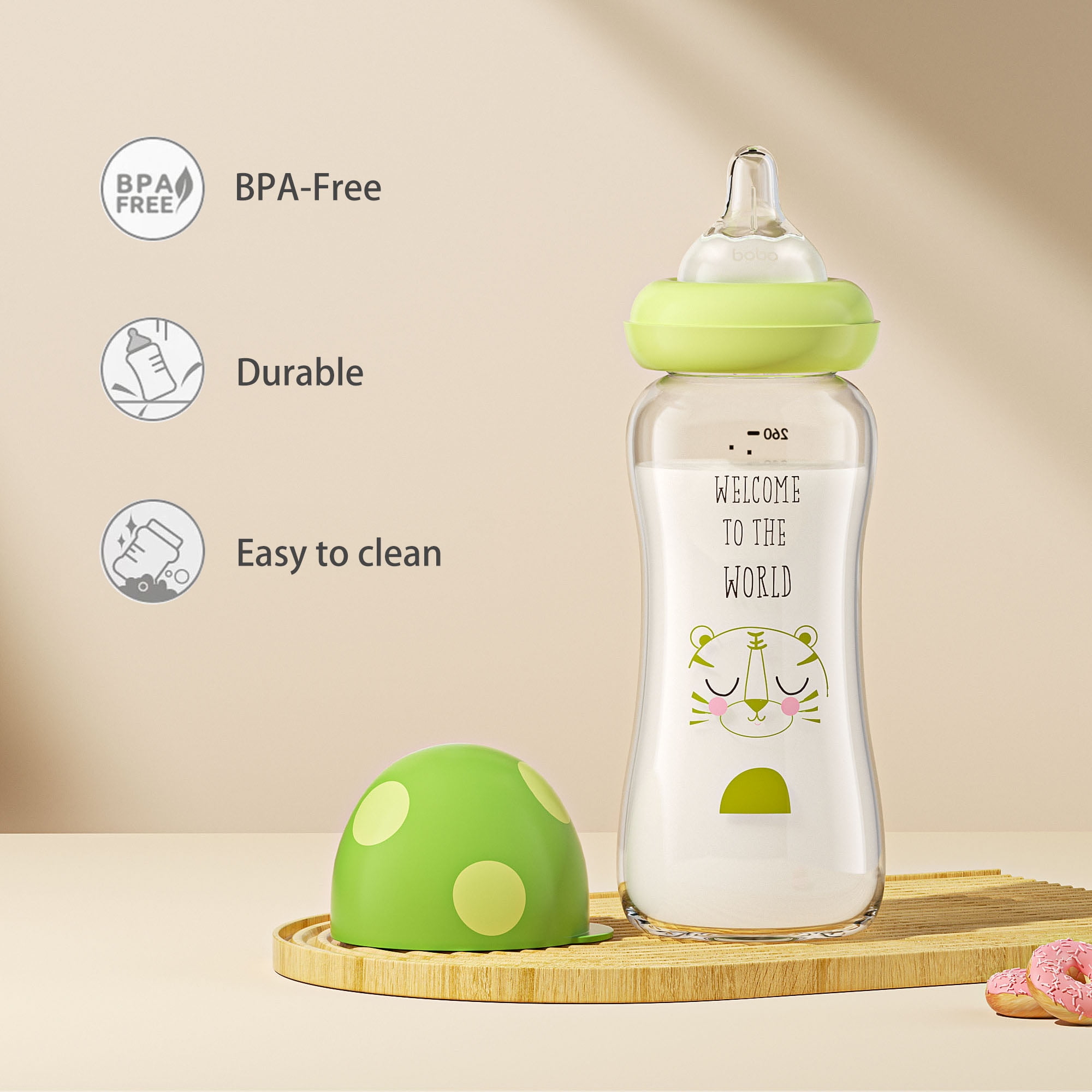 YOHKOH Glass Baby Bottles,Level 2 Nipple,Wide-Neck Bottle,Green,(8.8 oz/260ml),4pk