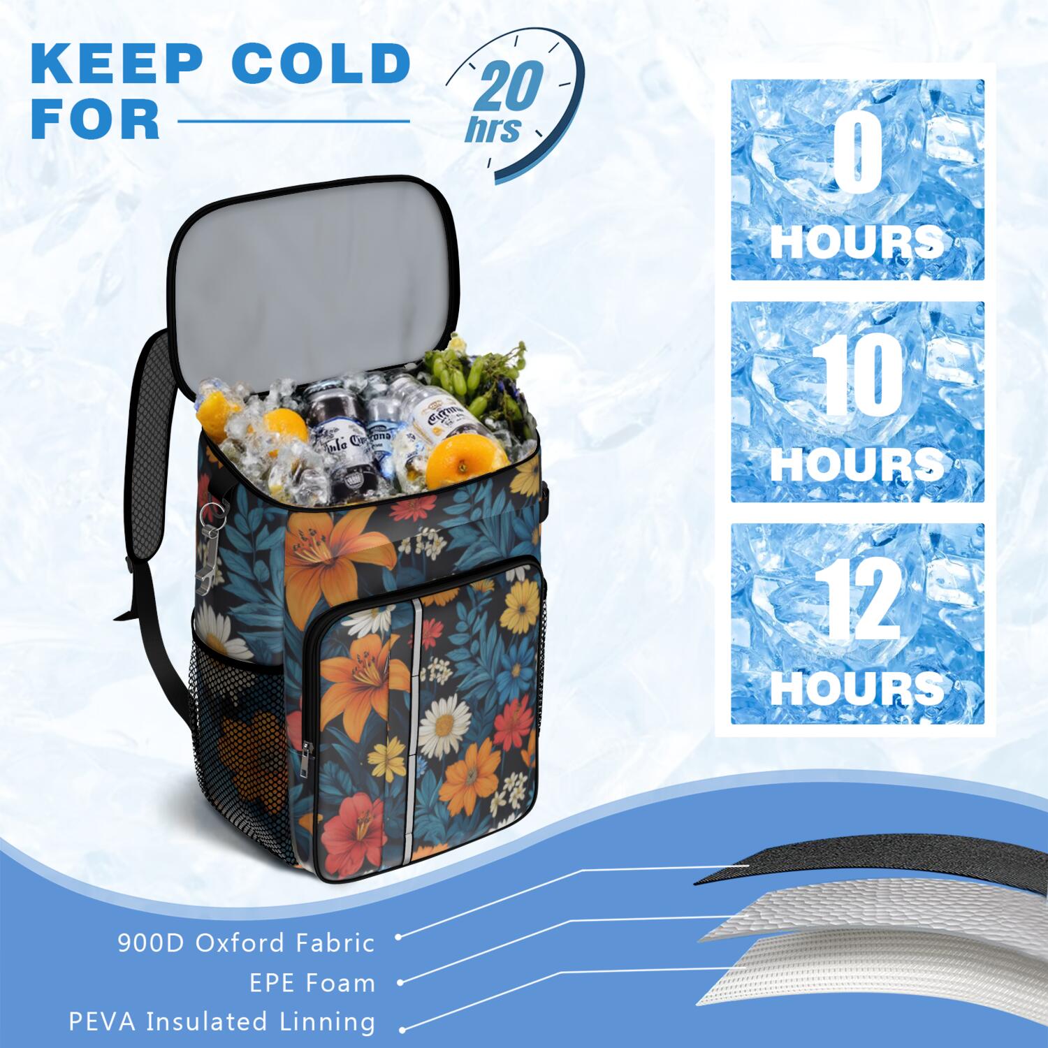 Travel Cooler Bag - Pioneer Flower Floral Print Pattern Camping Beer Cooler Backpack with Bottle Opener- Waterproof Insulated Picnic Backpacks - Cooler Bag for Beach
