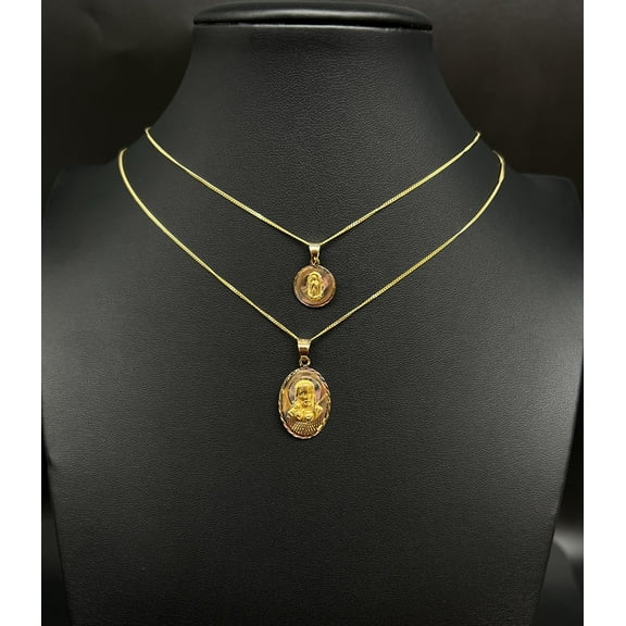 14k Real Gold Guadalupe Pendant Necklace, 14K Real Gold Jesus Charm, 14k 2 faces Pendant, 14K 1.1 mm Real Gold Solid Miami Cuban Chain (Charm Size:Small; Charm and Necklace Lentgh:Only Charm;)
