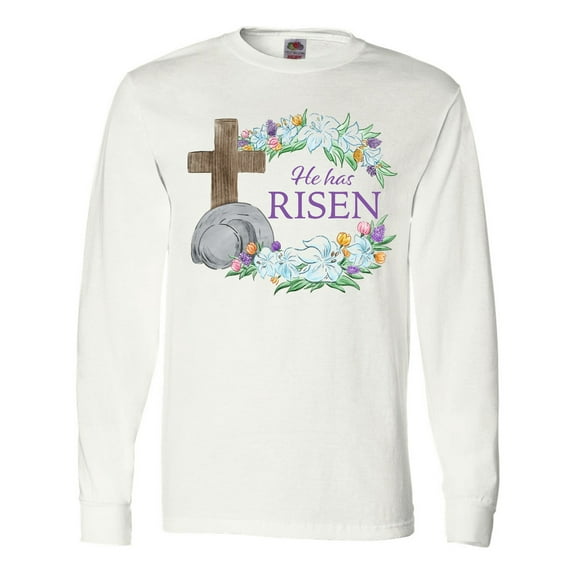 Inktastic Easter He Has Risen with Cross and Flowers Long Sleeve T-Shirt