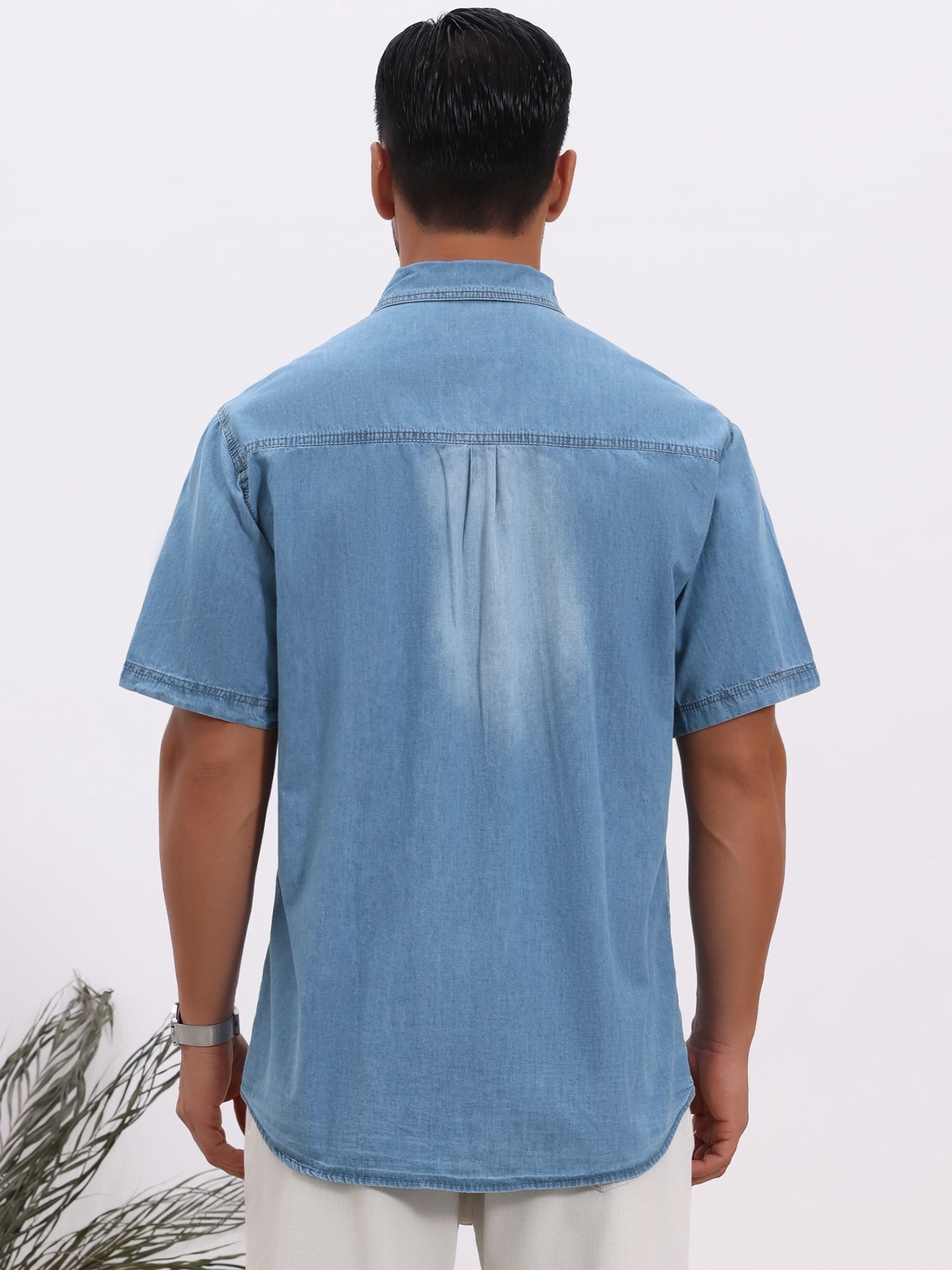 DARING DIVA Men's Denim Chest Pockets Western Retro Short Sleeve Shirts S Light Blue