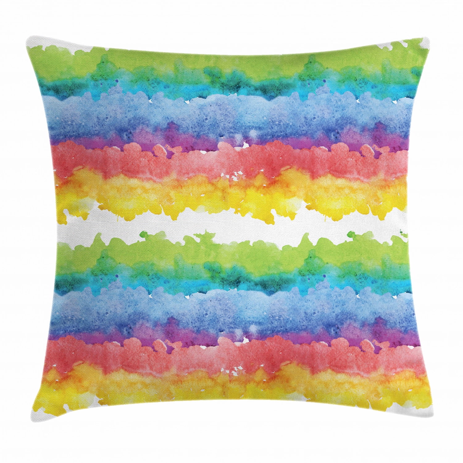 Watercolor Throw Pillow Cushion Cover, Horizontal Wavy Brushstroke Clouds Queer Rainbow Abstract