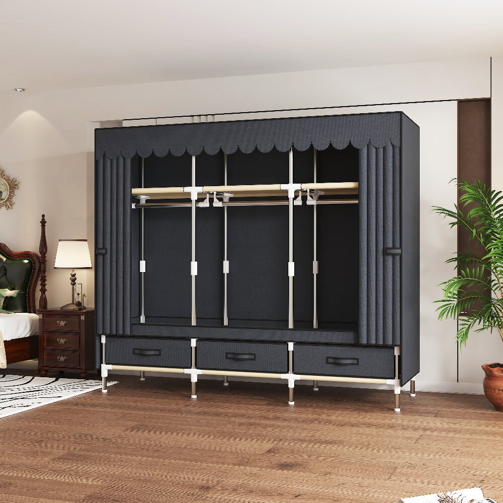 ArluKin 59Inch Portable Wardrobe Closet, 3 Storage Spaces with 3 Hanging Rods,3 Drawers，Steel Frame Fabric Organizer, Easy Assembly and Dust Resistant Design, Gray