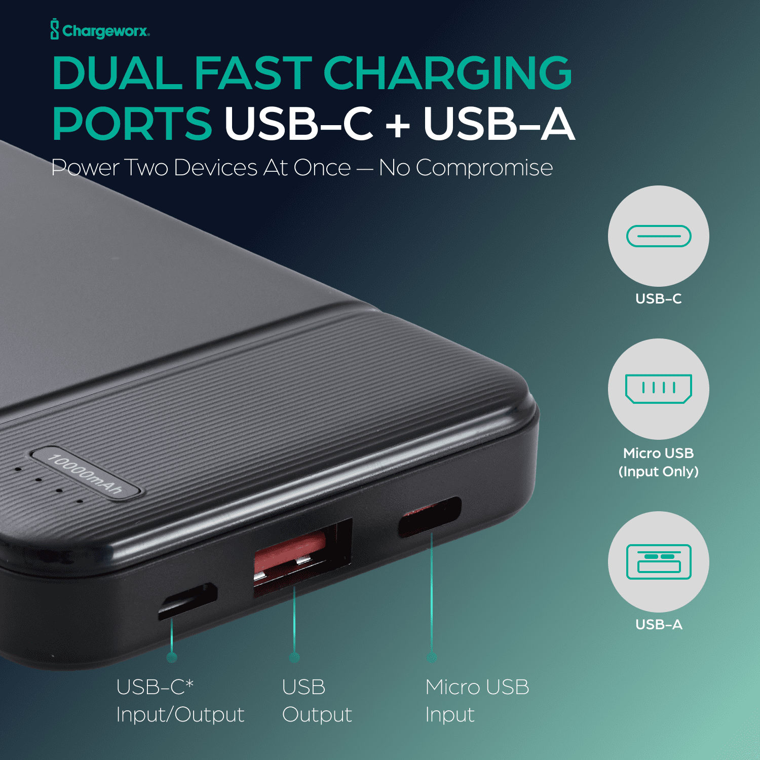 ChargeWorx 10,000mAh Portable Power Bank, 20W PD & QC Fast Charging, USB-C and USB-A Battery Pack with LED Indicator, Smart Device Detection & SafeGuard Protection, Compact Charger for Smartphones