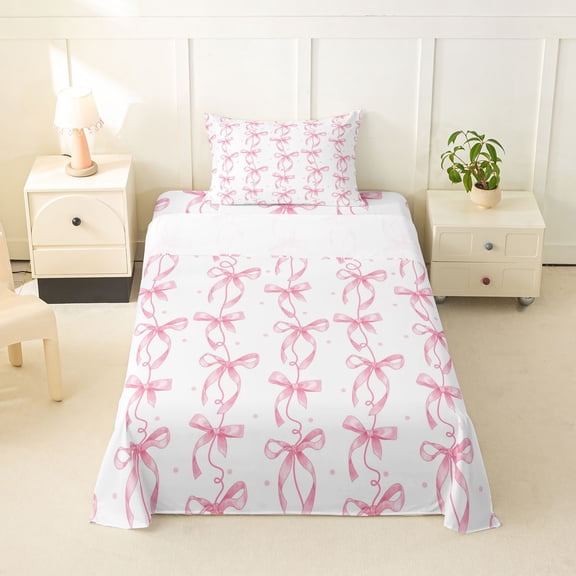 Erosebridal Kawaii Ribbon Twin Sheet Sets for Kid, Butterfly Knot Bedding, White Pink, 3-Piece