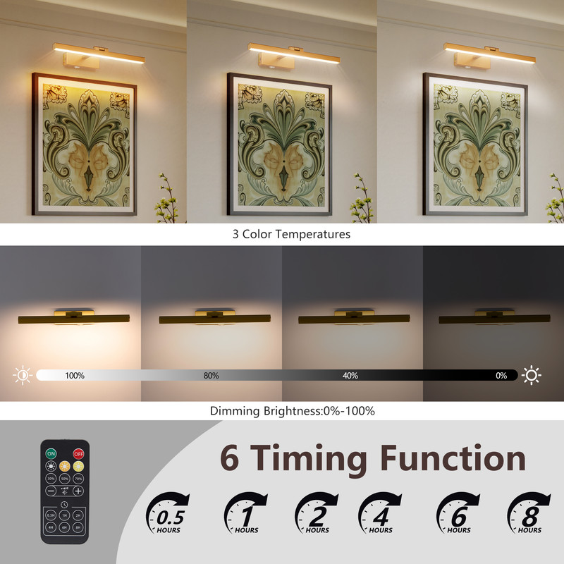 TICOZE 16 Inch Gold Wireless Dimmable LED Bathroom Vanity Light with Remote - Modern Wall Sconce for Over Mirror, 3CCT Adjustable, Battery Powered Fixture for Bathroom, Bedroom, Hallway