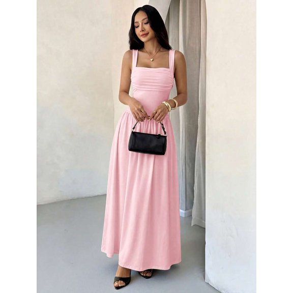 Petite Womens Solid Pink Square Neck Ruched Flared Maxi Dress For Spring Summer