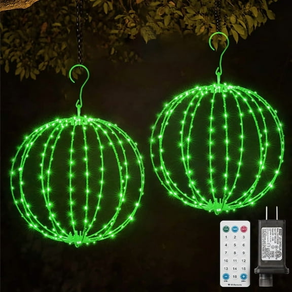 2 Pack 12INCH Outdoor/Indoor LED Christmas Light Ball,Foldable Metal Sphere Lights, Connectable Waterproof 16 Modes with Timer, Hanging Tree Globe Lights for Holiday Christmas Decorations (GREEN)