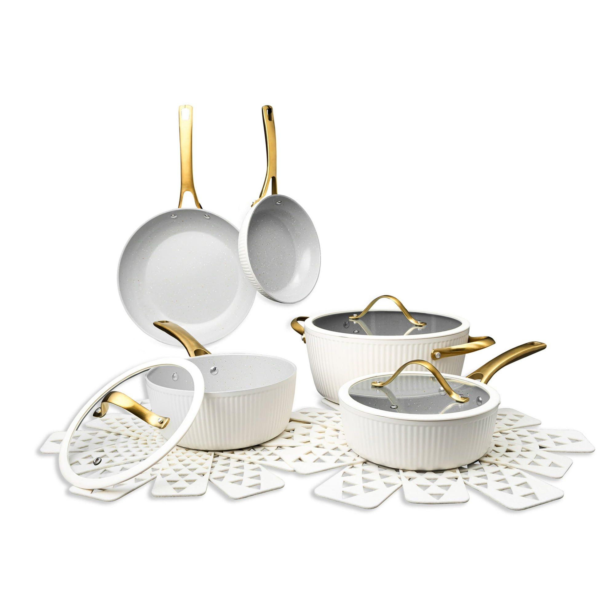 Thyme & Table 12-Piece Ceramic Non-Stick Signature Cookware Set, Non-Toxic Pots and Pans Set- White & Gold
