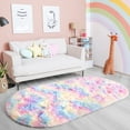 thumbnail image 7 of Junovo Fluffy Oval Rug Soft Tie Dye Area Rugs Shaggy Colorful Carpet Plush Bedside Carpet for Teen Dorm Baby Nursery,2.6 x 5.3ft,Rainbow, 7 of 7