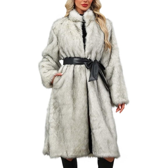 Womens Long Faux Fur Coat Oversized Winter Jacket Trendy Luxury Trench Coat Open Front Lapel Outerwear with Waistband