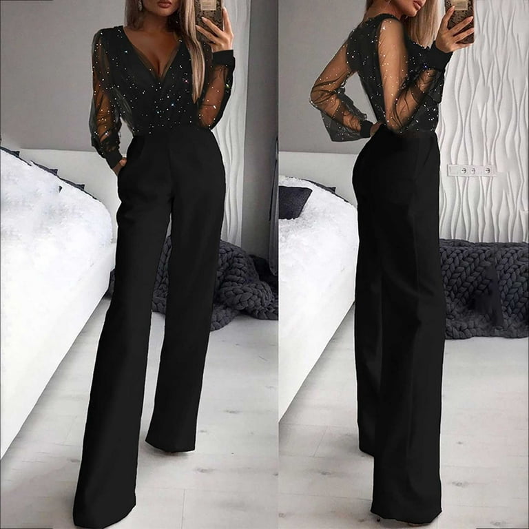 Sexy Sequins Jumpsuits for Women Dressy Mesh Long Sleeve V Neck