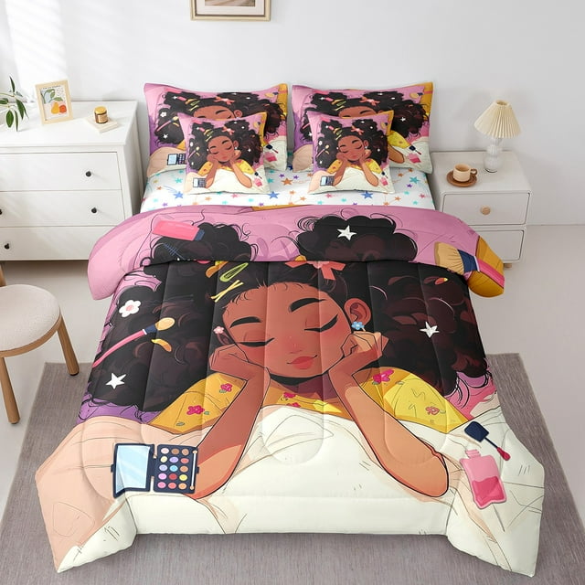 YST Ensemble de Douillette Noir Mignon pour Fille 7 Pcs pour Filles, Ensemble de Lit Tout-en-un pour Filles Américaines Africaines Format Très Grand Noir Princess Ensemble de Literie pour Fille Réversible Étoiles Colorées Ensemble de Lit