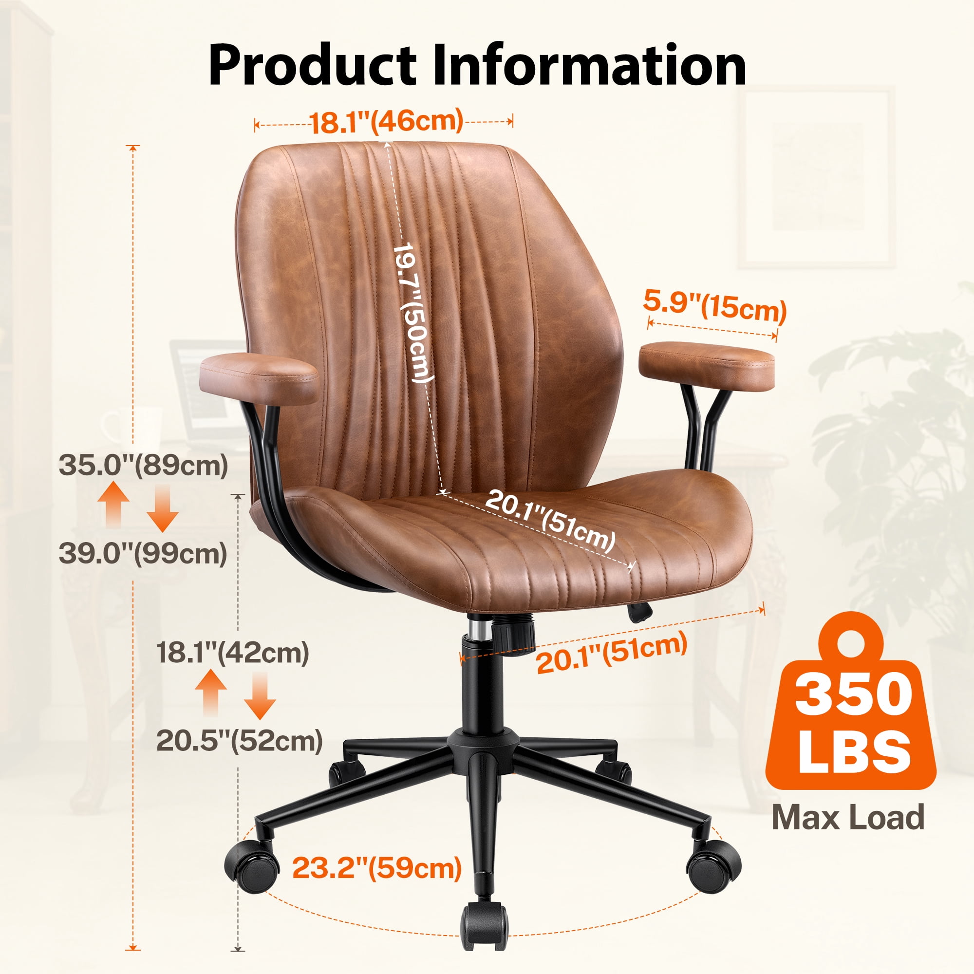 COOLHUT Home Office Chair, PU Leather Ergonomic Computer Desk Chair with Removable Armrests, Mid Century Modren Armrest Office Chair, Rocking Swivel Task Chair, Brown
