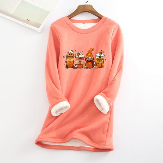 Hauts pour Femmes à Manches 3/4, Col Rond avec Poche, Épais, en Peluche, Chauds, Manches Longues, Chandail en Molleton Col Rond d'Halloween en Liquidation