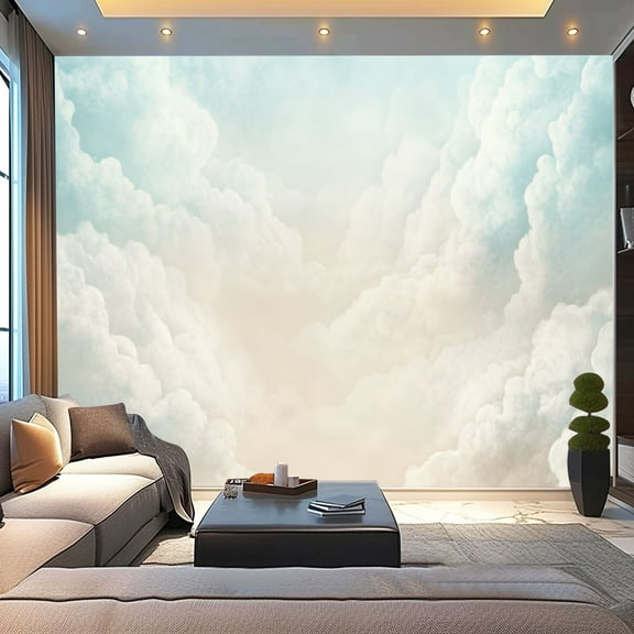 Peel and Stick Wallpaper Canvas White Cloud Grey Neutral Modern Abstract Clouds Sky Soft Lines Pastel Modern Art Wall Mural Decor Self Adhesive and Removable 100in x 144in