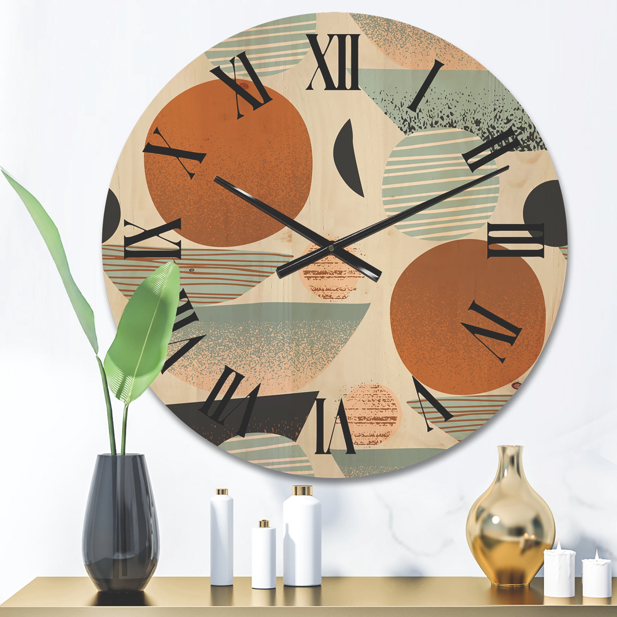Designart 'Retro Shapes With Abstract Moons and Suns I' Modern Wood Wall Clock