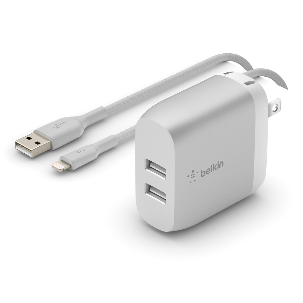 Belkin 24W Dual Port USB Wall Charger - Braided Lightning Cable Included - iPhone Charger Fast Charging - USB Charger Block for Power Bank, iPhone 15, 14, 13, 12 and 11, Samsung & more, Silver - image 5 of 6