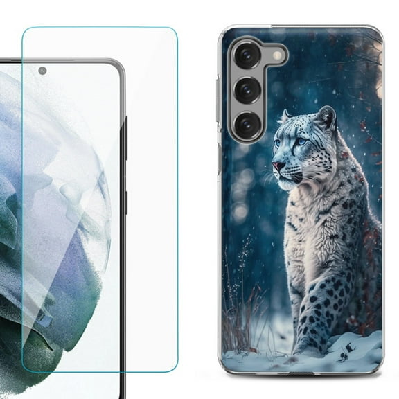 Shockproof Fashion Phone Case for Samsung Galaxy S23 5G, with Tempered Glass Screen Protector, by OneToughShield ® - Snow Leopard