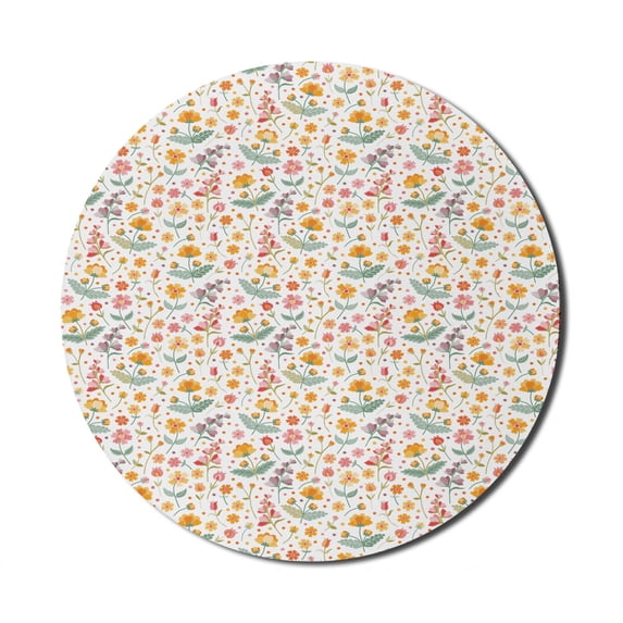 Floral Mouse Pad for Computers, Colorful Summer Meadow Leaves in Scribble Style, Round Non-Slip Thick Rubber Modern Gaming Mousepad, 8" Round, White Multicolor, by Ambesonne
