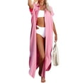 thumbnail image 3 of Women Swimsuit Cover Up Dress Short Sleeve Side Split Button Down Long Shirt Dress Cardigan Maxi Beach Dress, 3 of 9