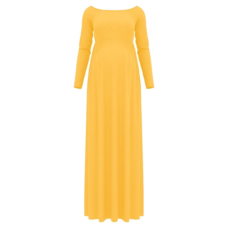 Y-Sunset Off Shoulder Maternity Maxi Dress, Long Sleeve Pregnancy Dress, Flowy Casual Gown for Photoshoot, Wedding, Daily Wear(Yellow/XXL)