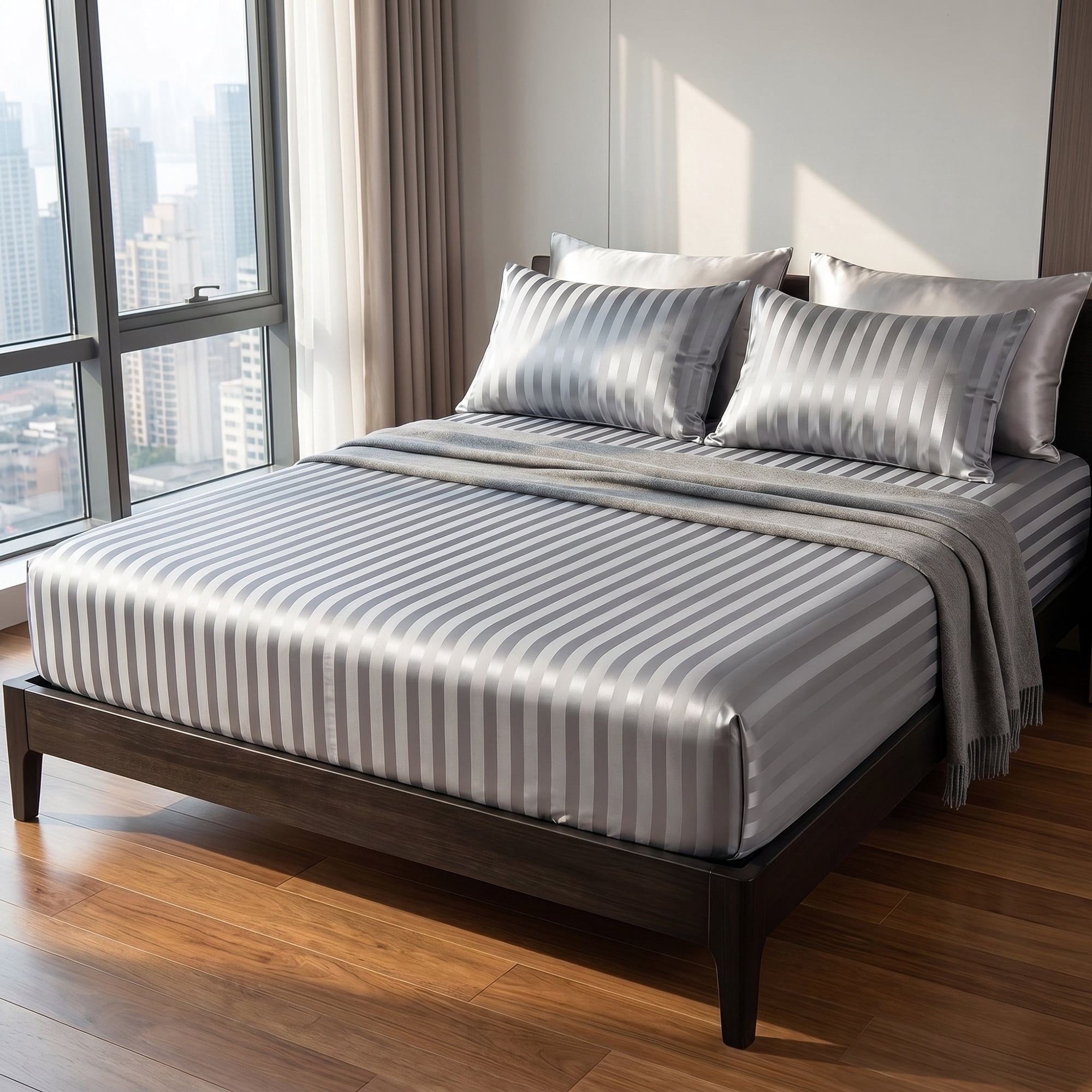 Unique Bargains Fitted Polyester Satin Strip Bed Sheets Wear Resistant 39.0"x74.8" Grey