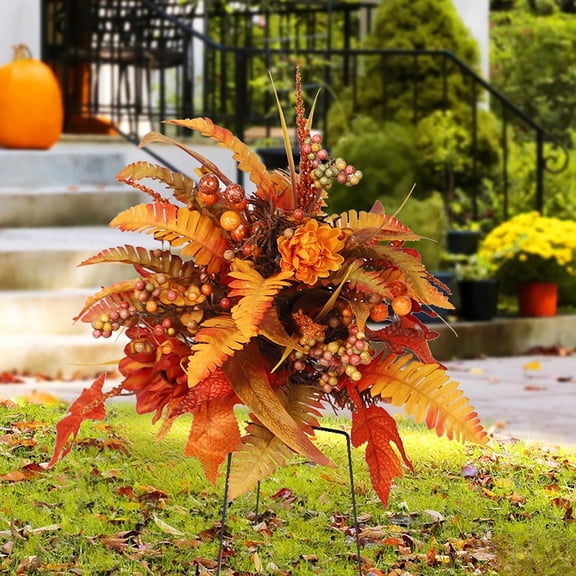 Autumn Harvest Floral Garden Stake Arrangement, 14 Inch Artificial Fall Bouquet with Pumpkins & Berries, Autumn Floral Decor for Home, Table and Thanksgiving Display