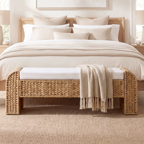 59.84" W Upholstered Wicker Bench with Flip Top Hidden Storage for Bedroom, Entryway, Living Room