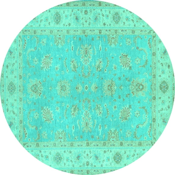 Ahgly Company Machine Washable Indoor Round Oriental Turquoise Blue Traditional Area Rugs, 6' Round