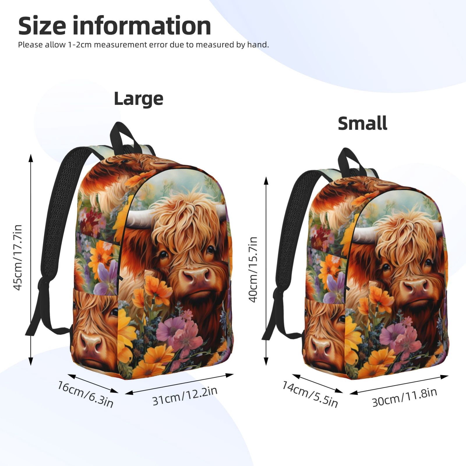 Picia Countryside Colorful Floral Cow Printed Canvas Daypack - Stylish and Durable Vintage Compact Backpack - Class, Work, Travel, or Laptop Bookbag,Organized Compartments-Small