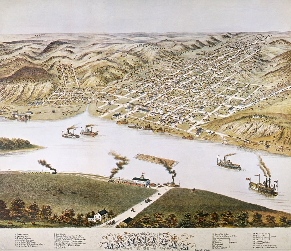 MO 1869 Bird's Eye View; 24x36 Print from a Vintage Lithograph Hannibal