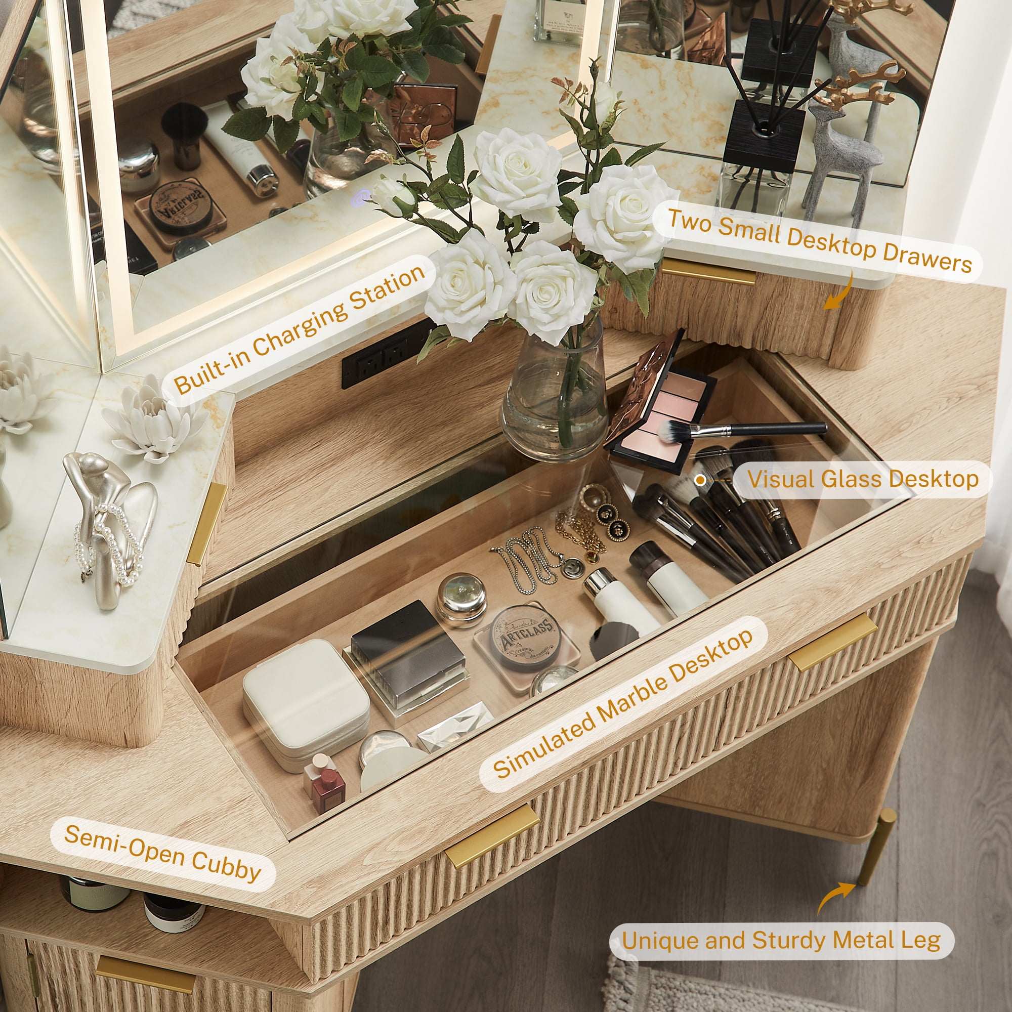 OKD 48" Fluted Makeup Vanity Desk with HD Triple Mirror and Lights, Modern Corner Vanity with 3 Drawers & 2 Cabin ets, Charging Station - Natural Oak