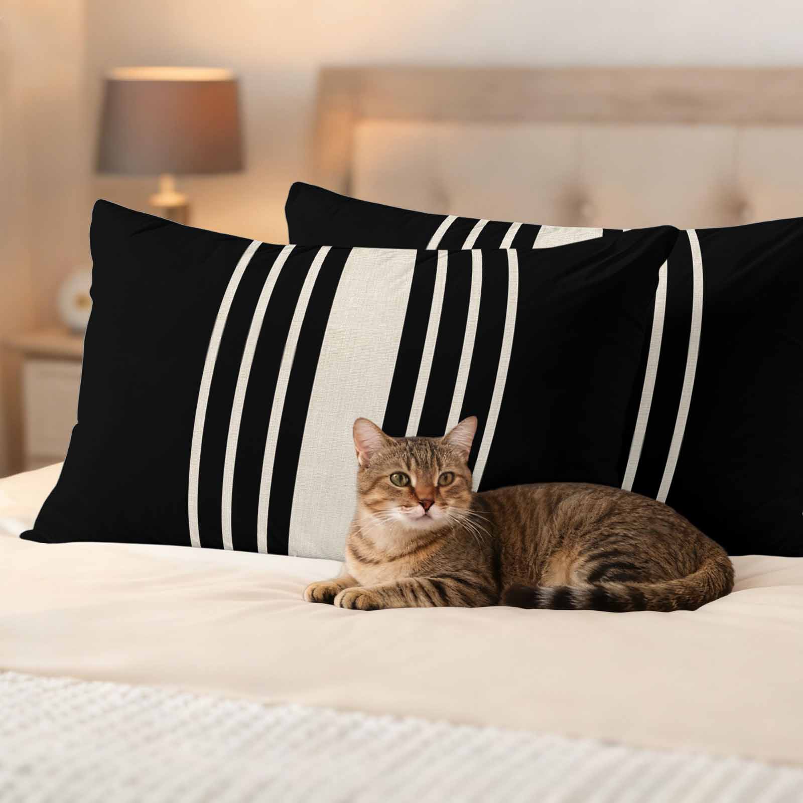 Black Beige Striped Outdoor Waterproof Pillow Covers, Modern Farmhouse Retro Lines Decorative Rectangle Throw Pillowcase Sofa Cushion Sham for Patio/Couch/Chair, 20"x12" 2 Pack