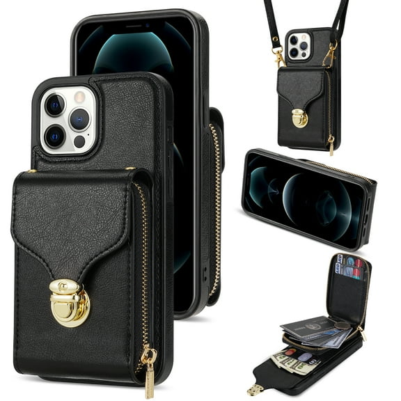 Allytech Case for iPhone 13 Pro, [Large Capacity] Wallet Case with Card Slots & Zipper Pocket, Premium PU Leather Metal Snap Kickstand Shockproof Case with Shoulder Strap, Black