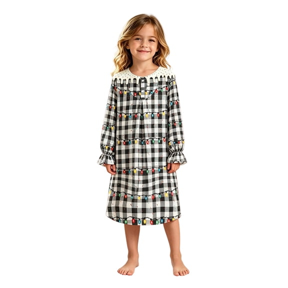 JIAYUE Girls Christmas Nightgown Long Sleeve Crew Neck Ruffle Cuff Plaid Xmas Light Print Pajamas Dress For Casual Wear
