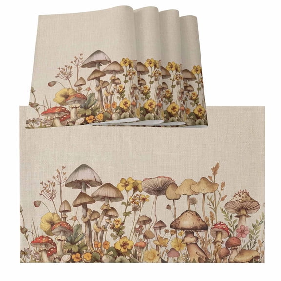 Mushroom Placemats for Dinning Table Set of 6, Farmhouse Summer Botanical Floral Rustic Burlap Kitchen Place Mats Waterproof Cloth Table Mats, Indoor Outdoor Placemats Easy Clean Dinner Decor