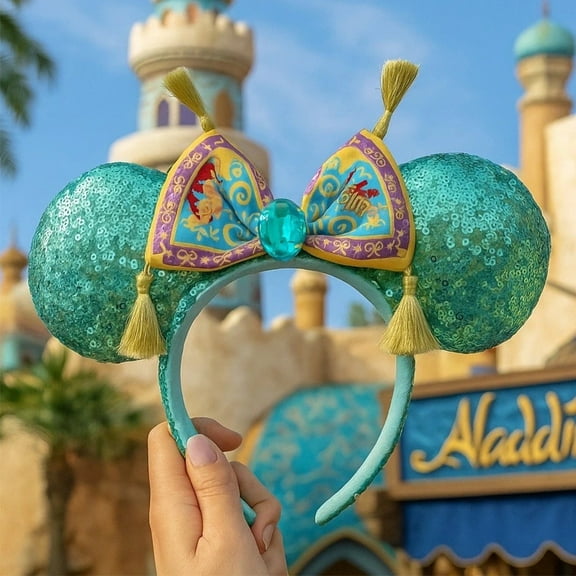 Fashion Blue Green Sequined Bow Aladdin Queen Minnie Ears Headband for Women Girls Ladies Birthday Gifts